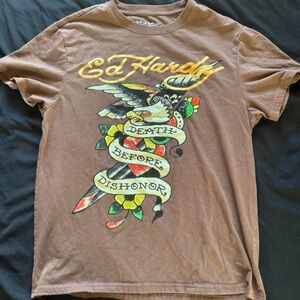 Ed Hardy Brown Tee with Colorful Graphic